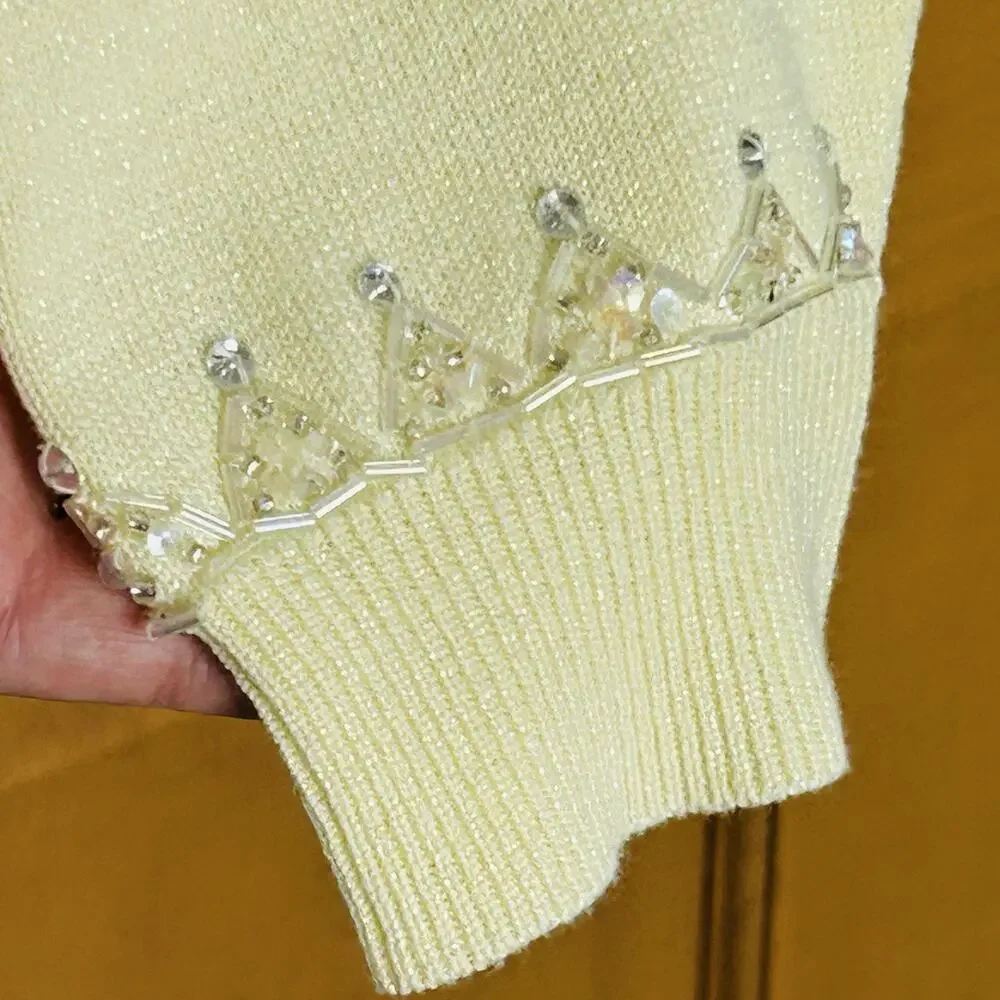 Bob Mackie Cardigan 1X Yellow Beads Sequins Sparkle Buttons Art to Wear‎ Sweater
